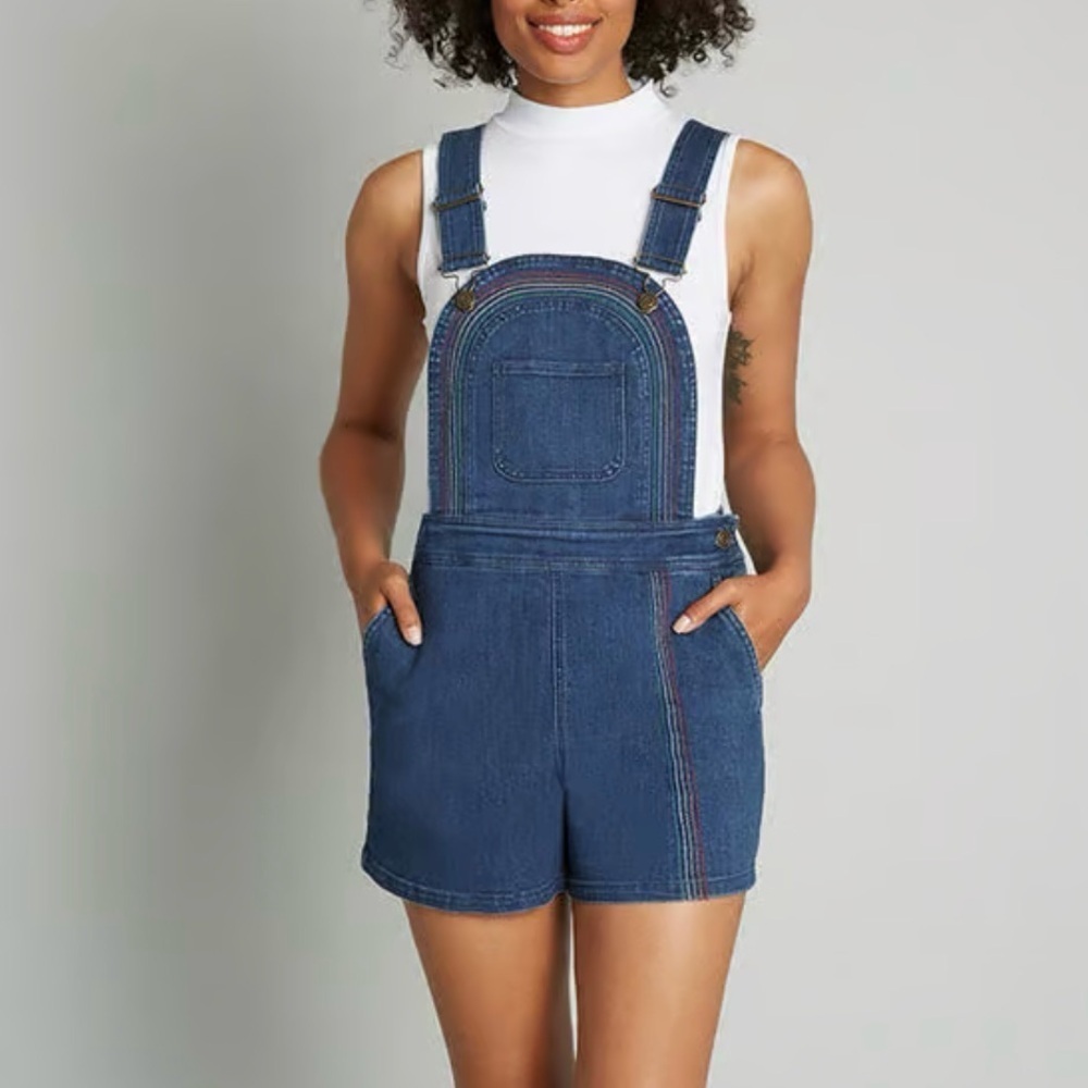 New ModCloth Bouncing Over The Rainbow Denim Shortalls